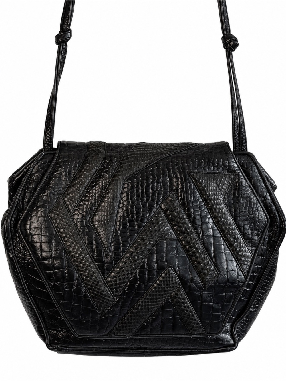 Vintage 1980s Sharif Black Snakeskin and Leather Patchwork Shoulder Handbag